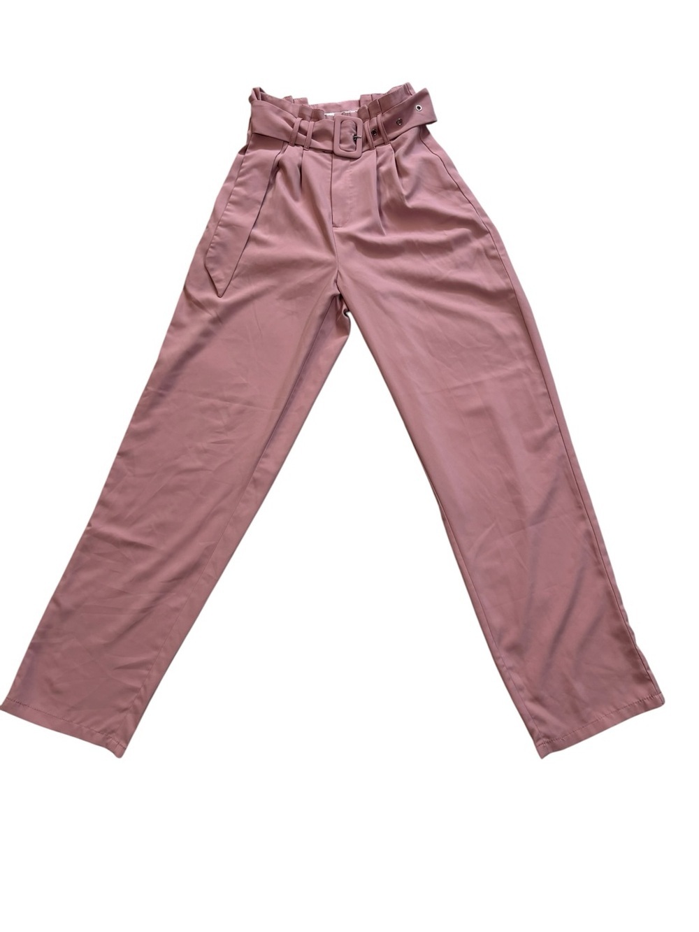 Paperbag High-Waist Trousers with Belt in Dusty Pink, Small